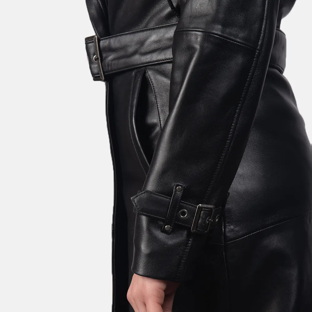 Fashionable leather trench coat in classic black color.