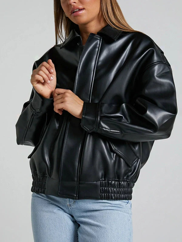 Women Black Bomber Sheepskin Charm Leather Jacket