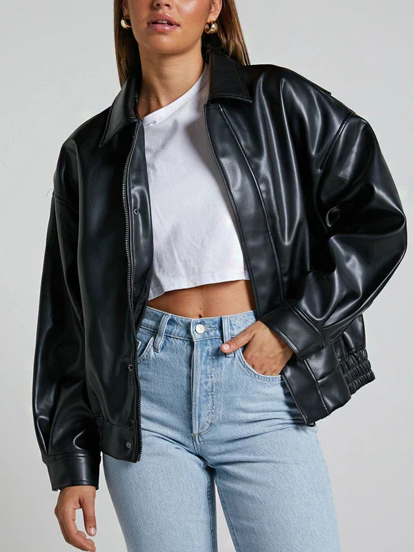Women Black Bomber Sheepskin Charm Leather Jacket