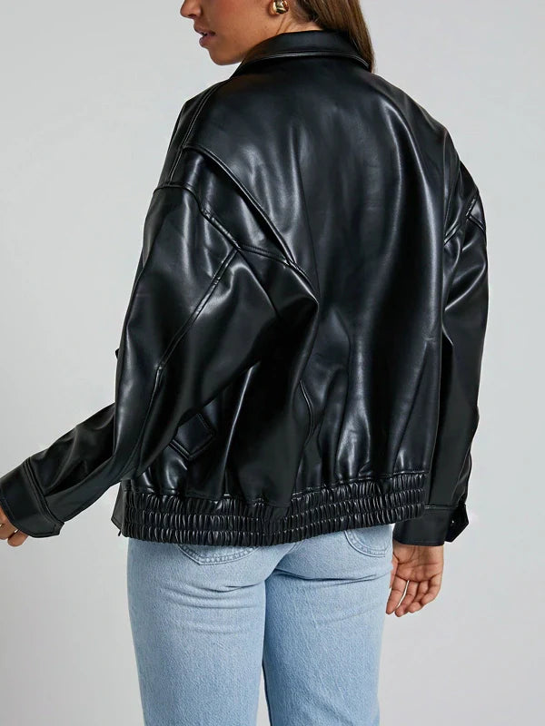Women Black Bomber Sheepskin Charm Leather Jacket