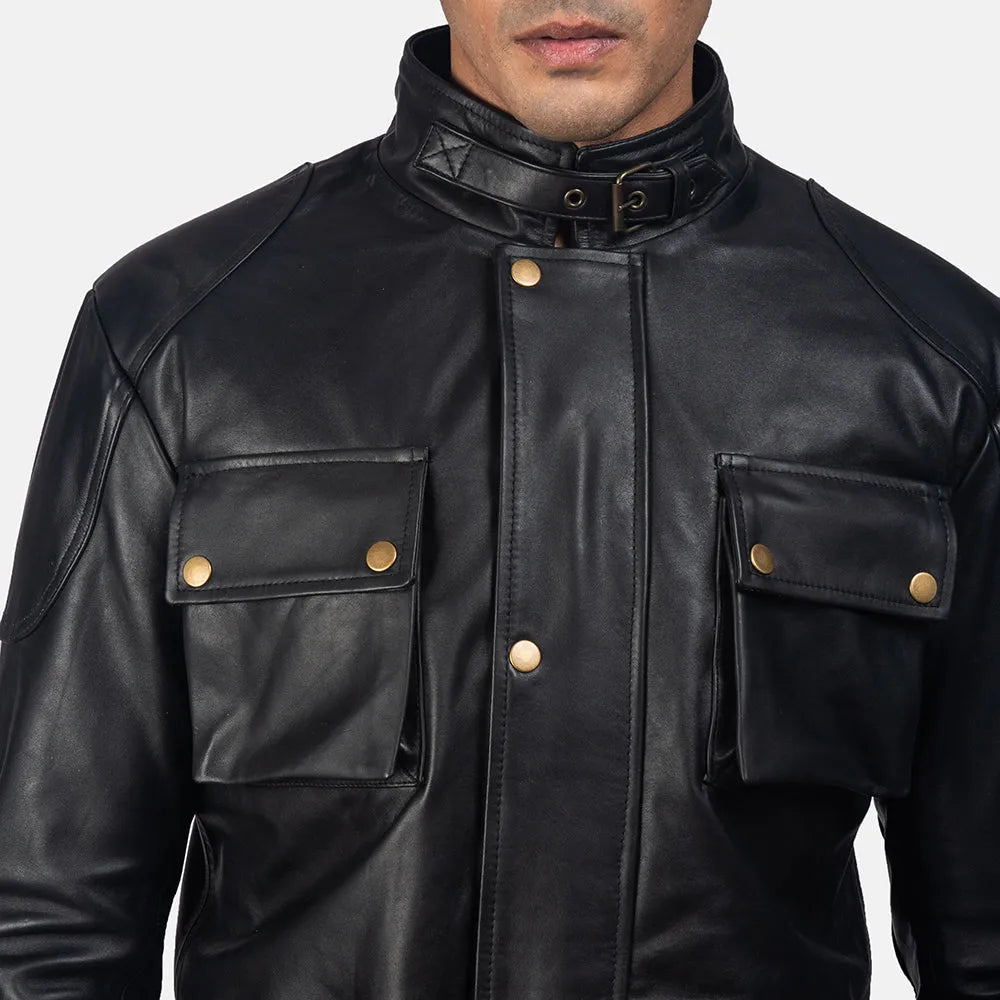 A stylish Men's Dolf Long Black Leather Coat, it's a must-have for any fashion-forward individual.