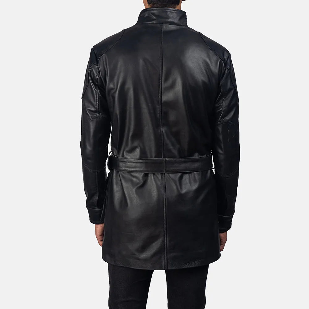 A stylish Men's Dolf Long Black Leather Coat, it's a must-have for any fashion-forward individual.