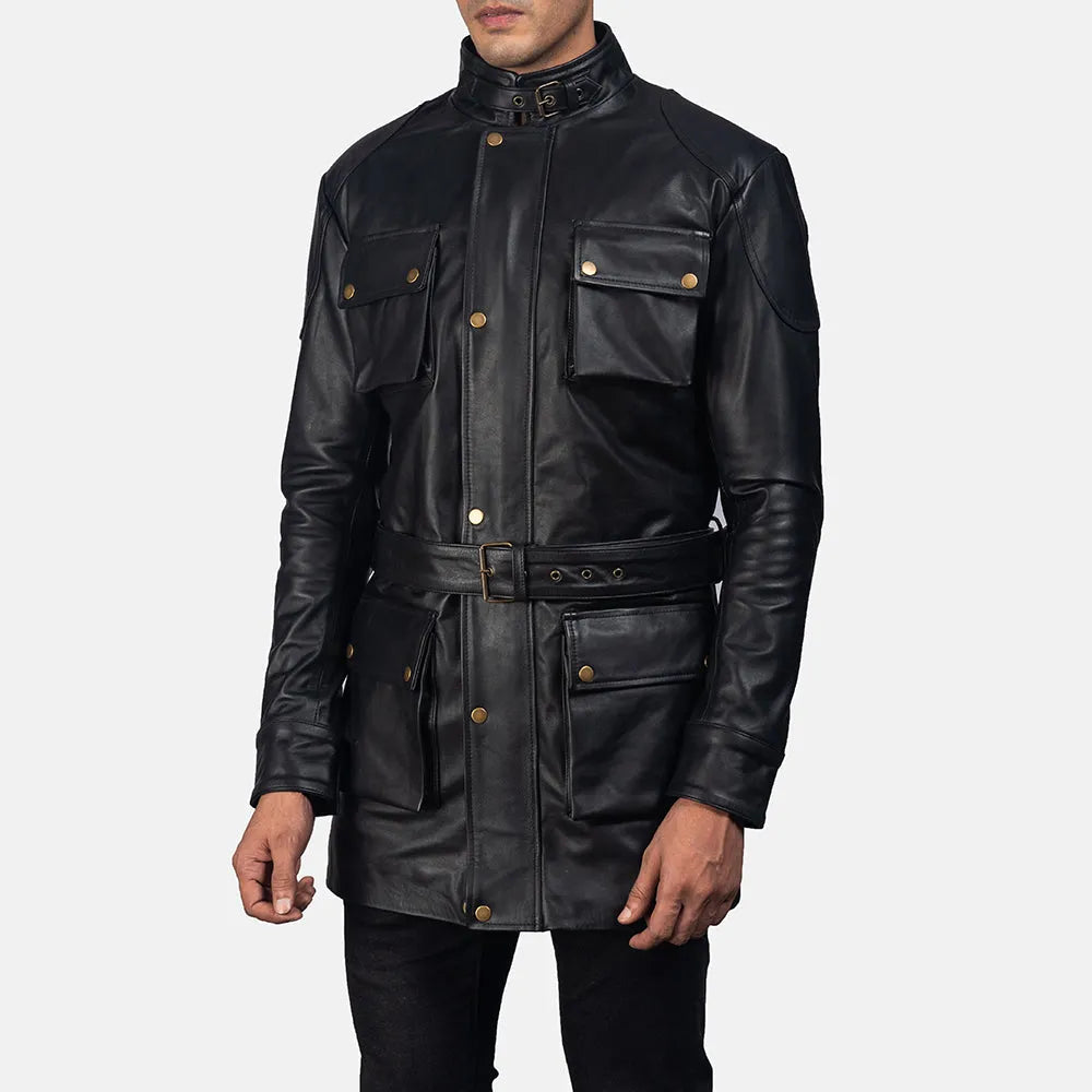 A stylish Men's Dolf Long Black Leather Coat, it's a must-have for any fashion-forward individual.