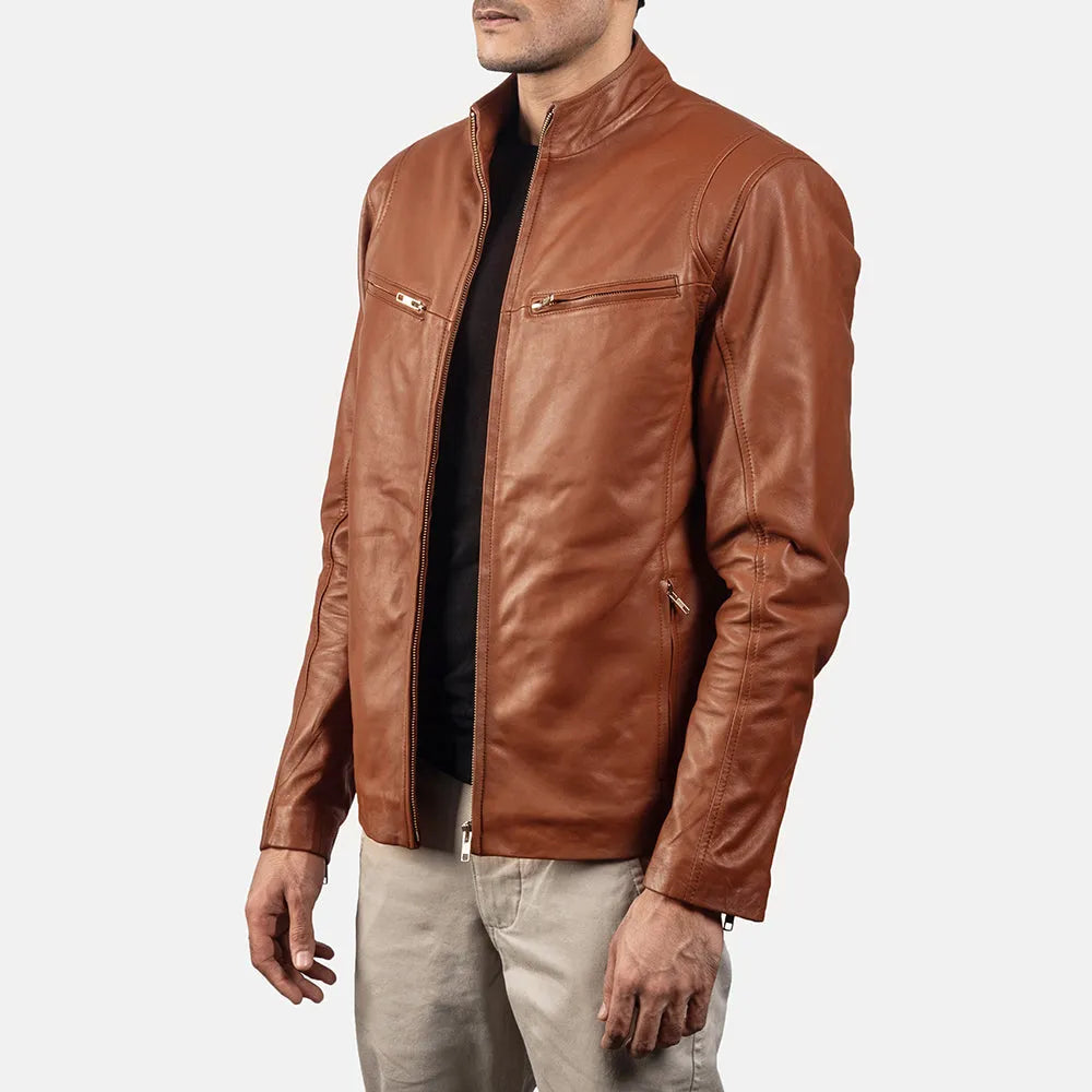 A stylish Brown Biker Jacket Men's, crafted from genuine leather for that authentic and rugged look.