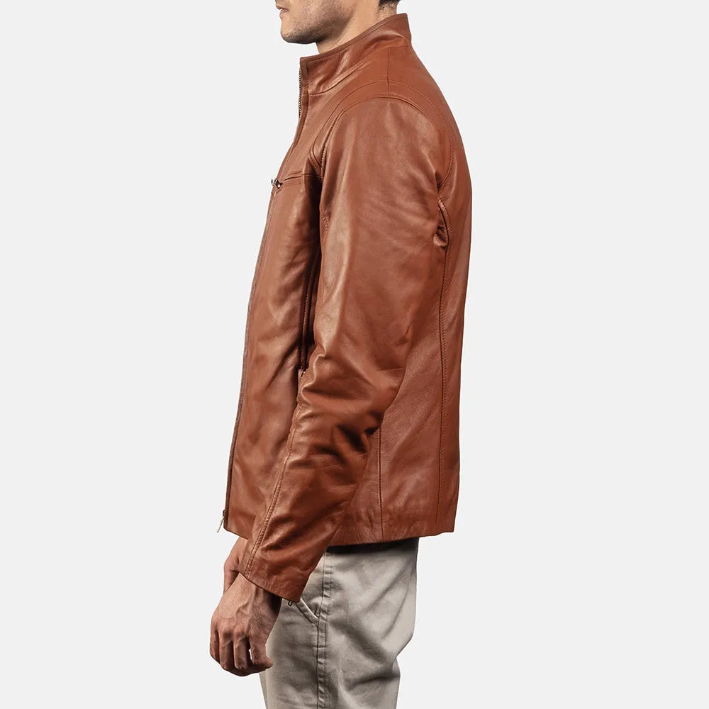 A stylish Brown Biker Jacket Men's, crafted from genuine leather for that authentic and rugged look.
