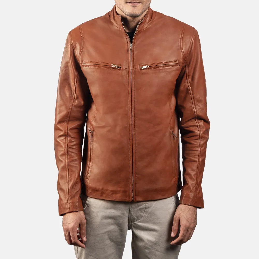 A stylish Brown Biker Jacket Men's, crafted from genuine leather for that authentic and rugged look.