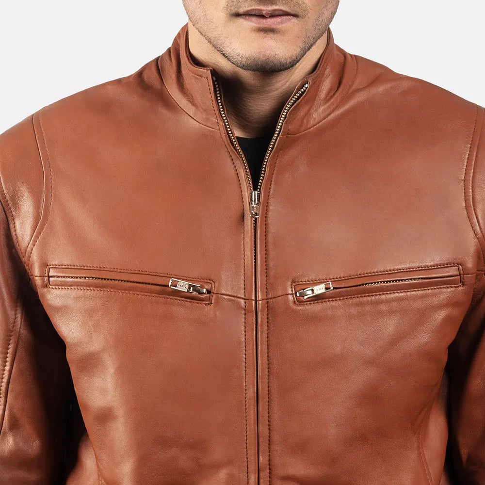 A stylish Brown Biker Jacket Men's, crafted from genuine leather for that authentic and rugged look.