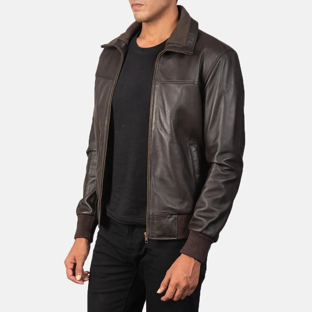 Men's brown leather bomber jacket, expertly made from real leather