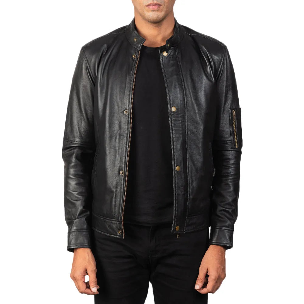 A stylish men's leather jacket black, crafted from genuine leather, exuding timeless appeal and rugged sophistication.
