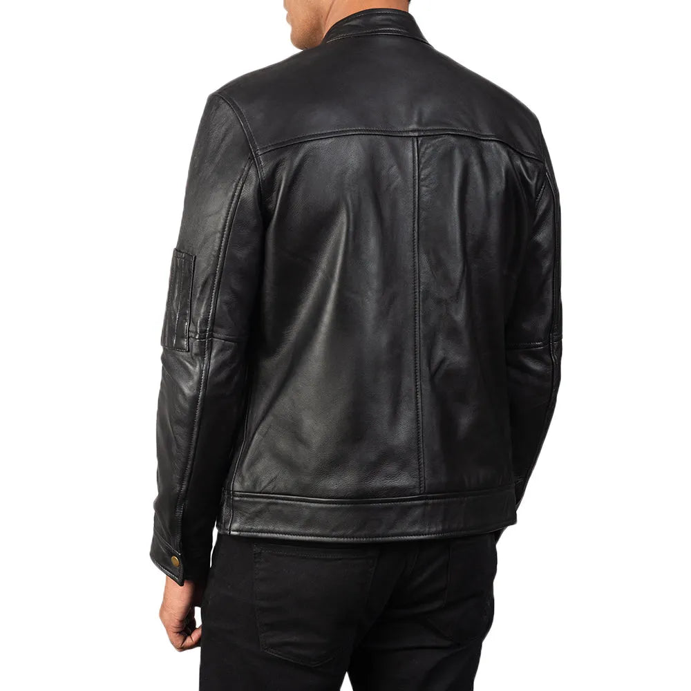 A stylish men's leather jacket black, crafted from genuine leather, exuding timeless appeal and rugged sophistication.