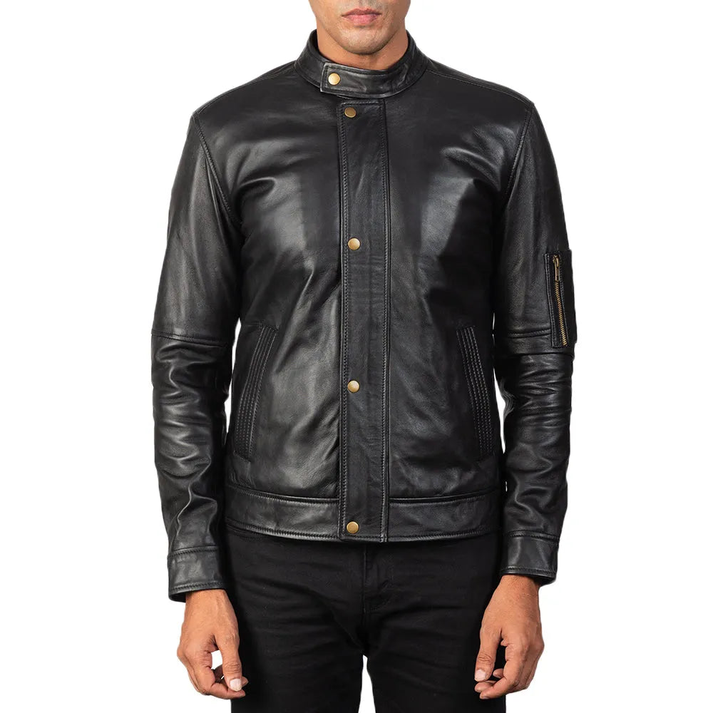 A stylish men's leather jacket black, crafted from genuine leather, exuding timeless appeal and rugged sophistication.