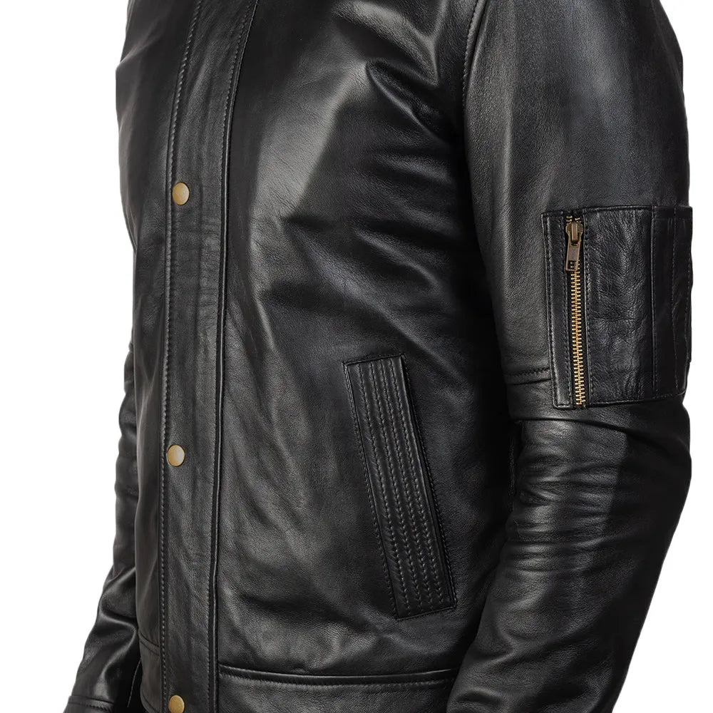 A stylish men's leather jacket black, crafted from genuine leather, exuding timeless appeal and rugged sophistication.
