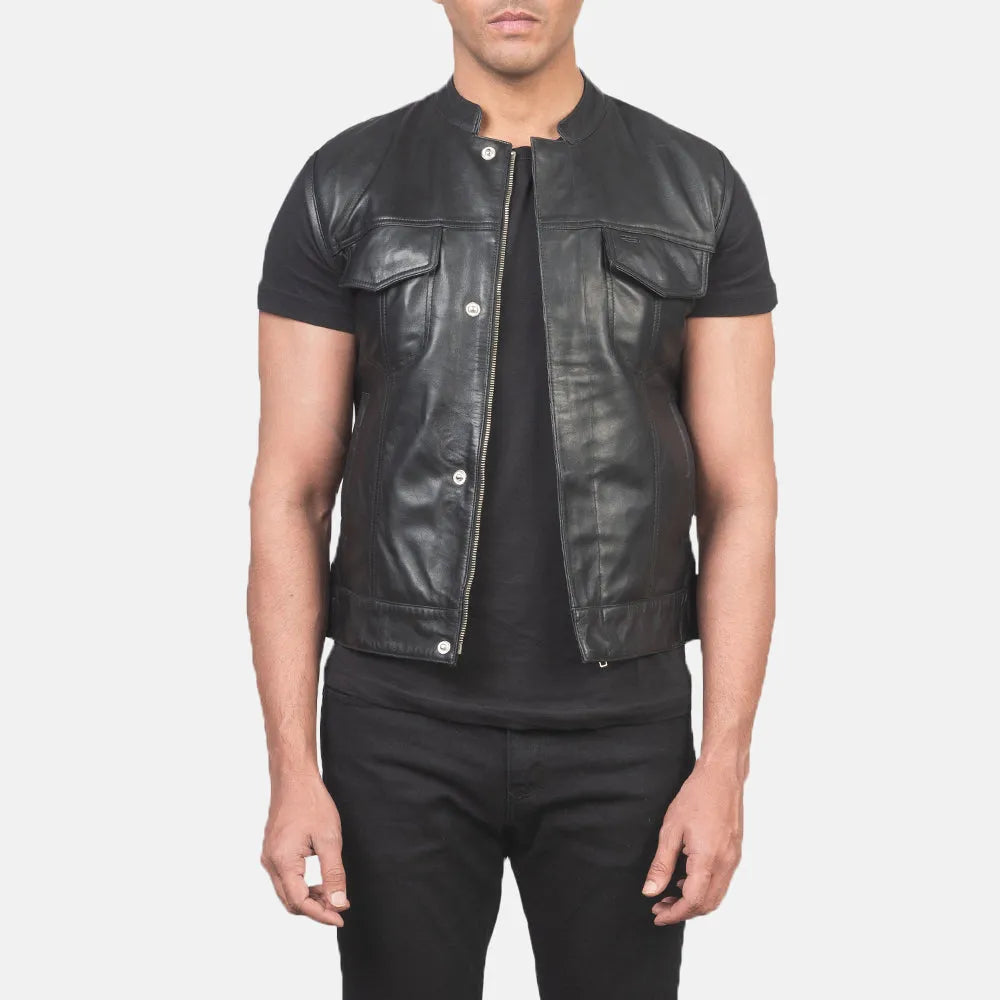 Black leather vest made from real leather, Men's Moto Jacket