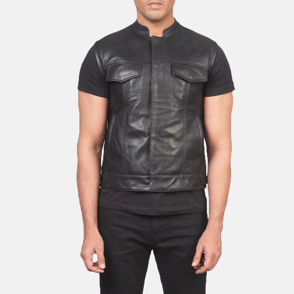 Black leather vest made from real leather, Men's Moto Jacket
