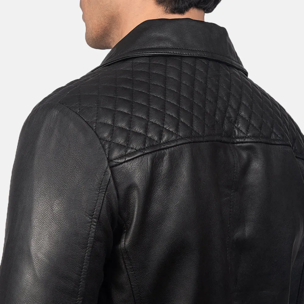 Stylish black motorcycle leather jacket with silver zippers and buckles.
