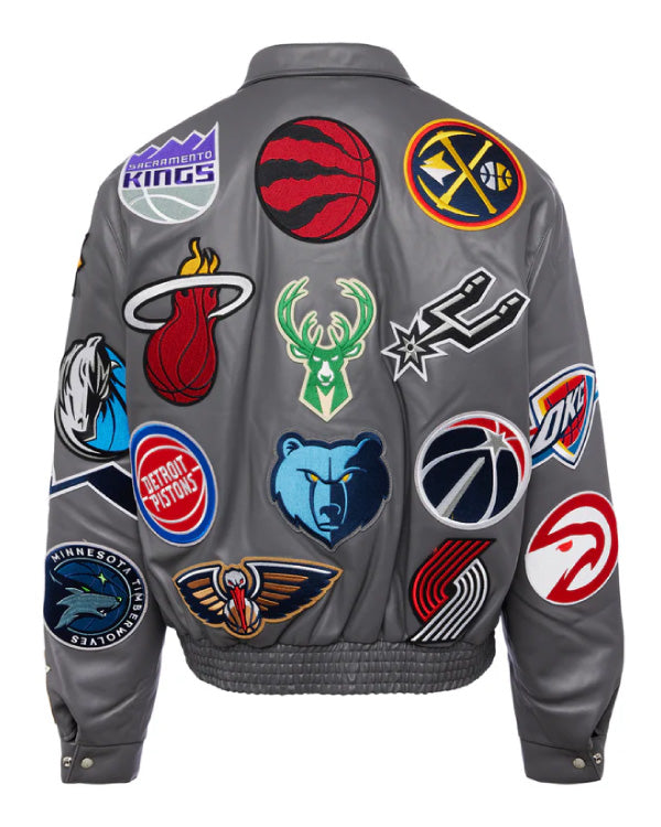 NBA Collage Grey Vegan Leather Jacket