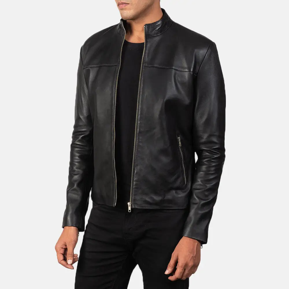 Stylish black Leather Jacket for Bike with silver hardware and zipper details.