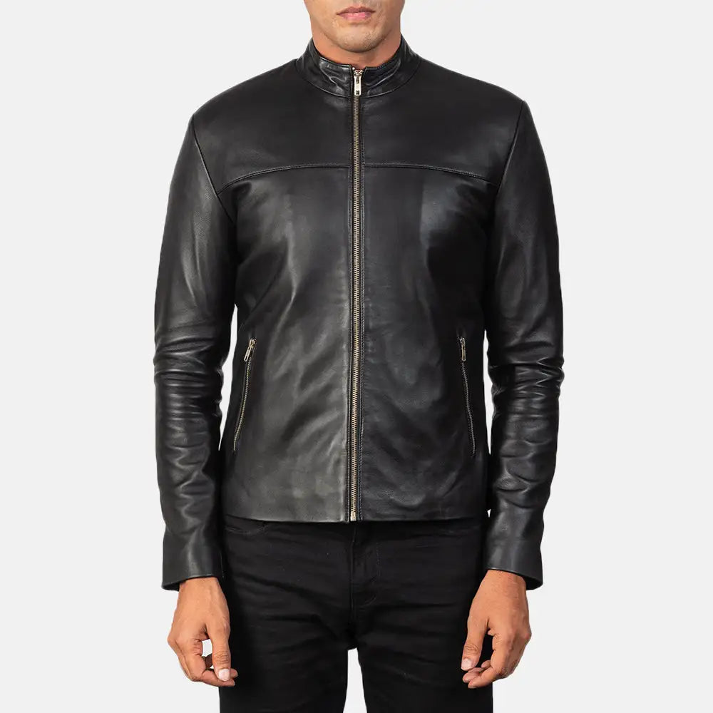 Stylish black Leather Jacket for Bike with silver hardware and zipper details.