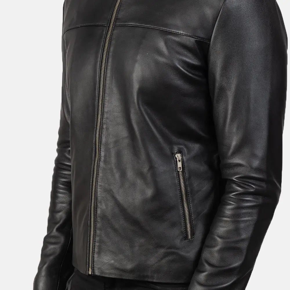 Stylish black Leather Jacket for Bike with silver hardware and zipper details.