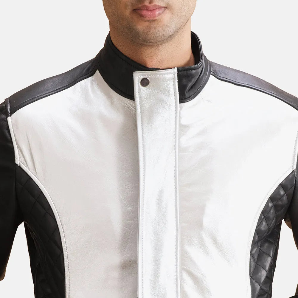 Elevate your look with this stylish black and silver leather jacket.