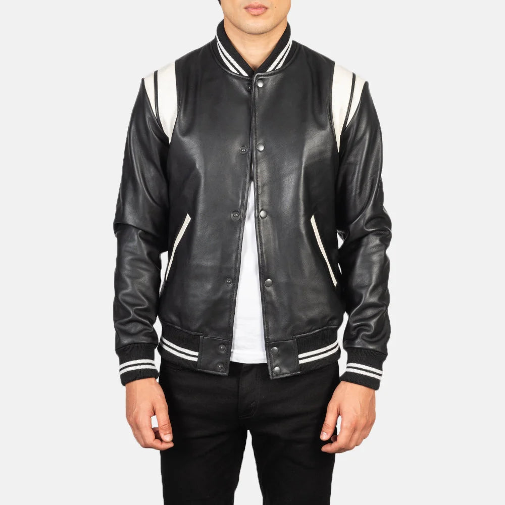 Classic striped leather jacket with distressed patches and front pockets.