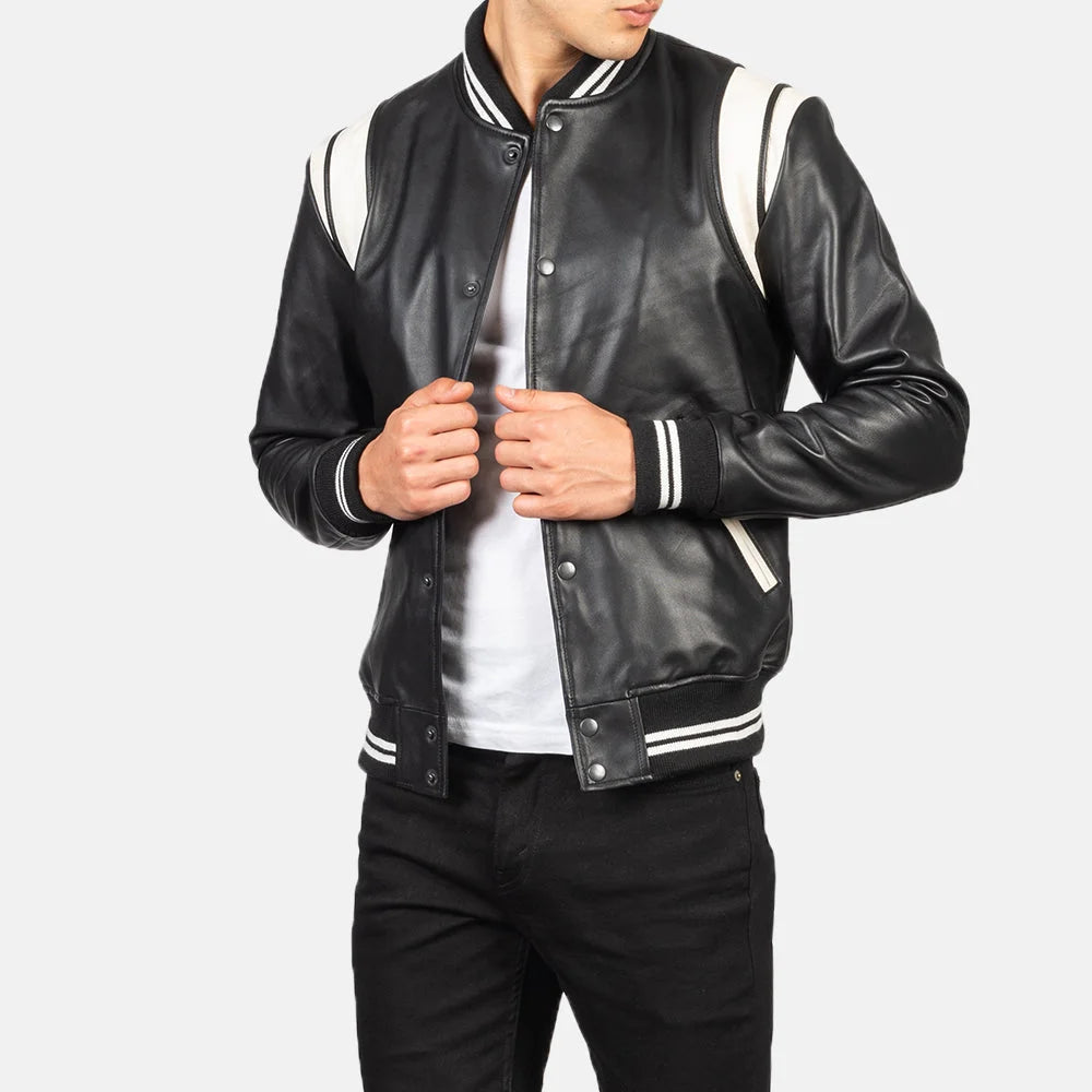 Classic striped leather jacket with distressed patches and front pockets.