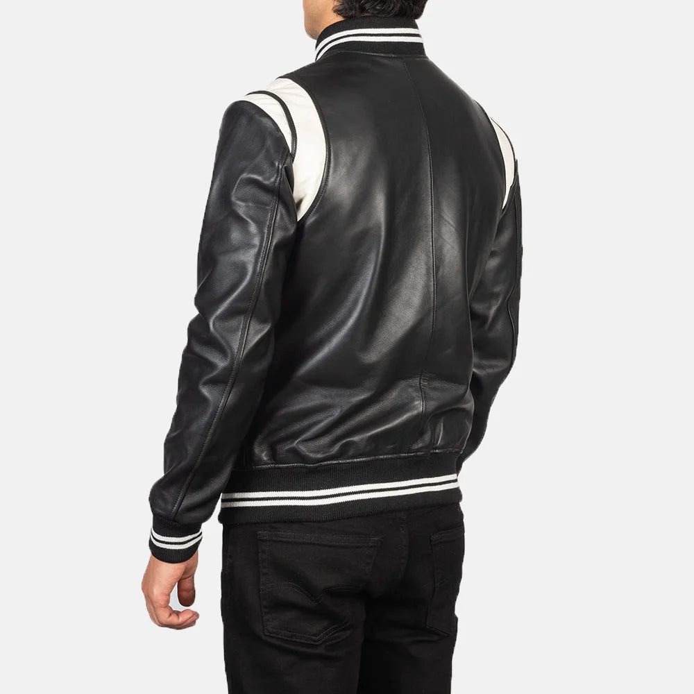 Classic striped leather jacket with distressed patches and front pockets.