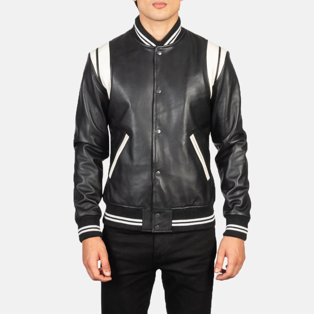 Classic striped leather jacket with distressed patches and front pockets.