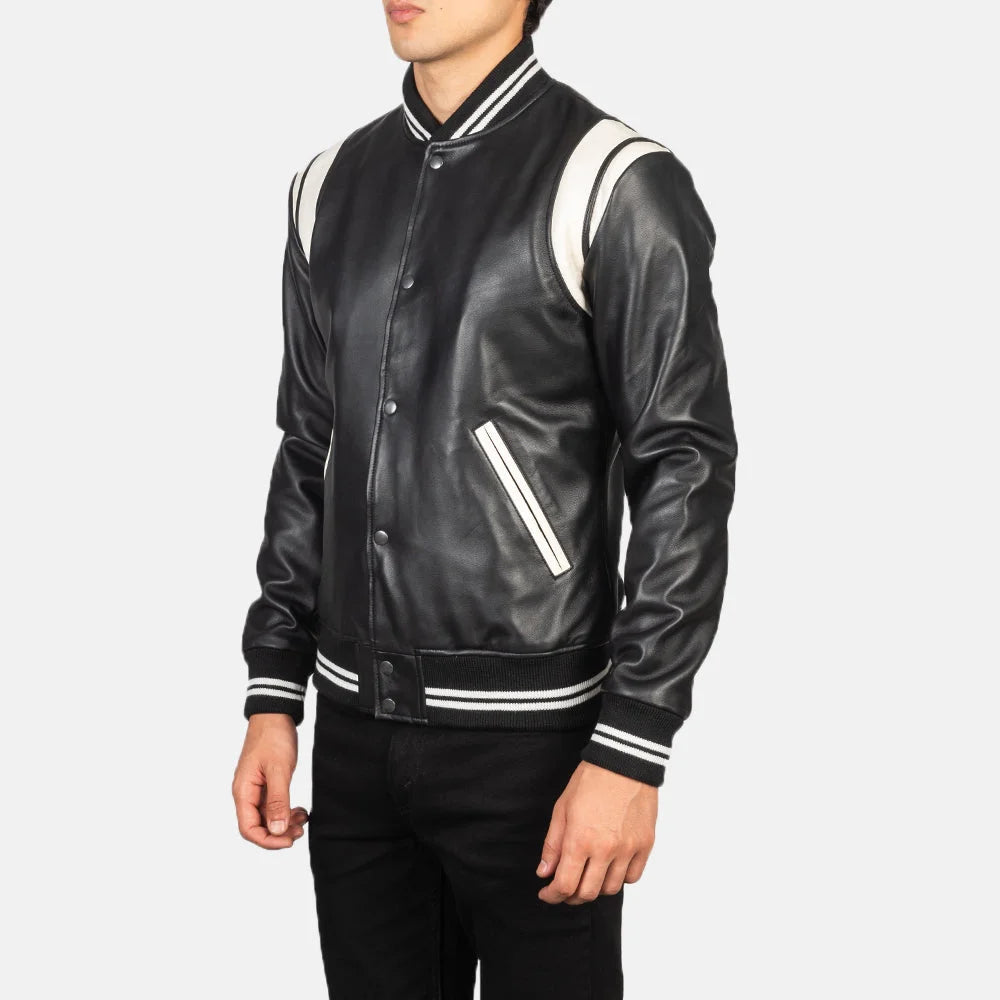 Classic striped leather jacket with distressed patches and front pockets.
