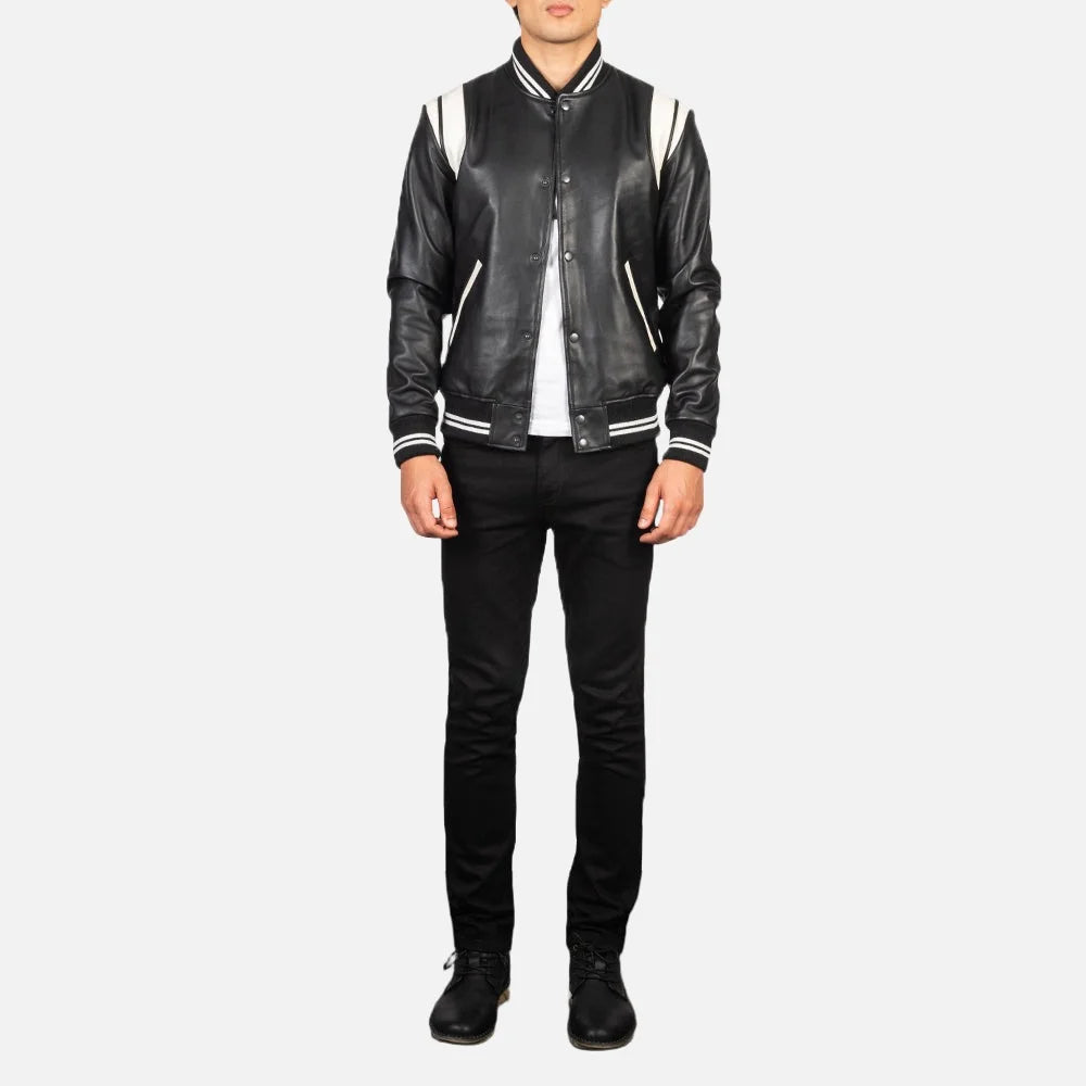 Classic striped leather jacket with distressed patches and front pockets.