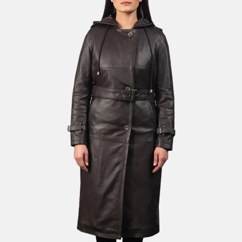 Check out this trendy black leather trench coat for women, exuding confidence and style!