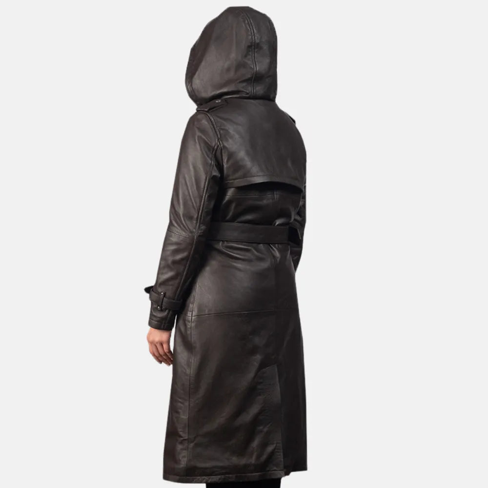 Check out this trendy black leather trench coat for women, exuding confidence and style!