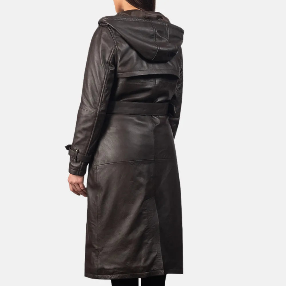 Check out this trendy black leather trench coat for women, exuding confidence and style!