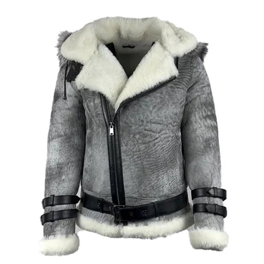 Vintage Distressed Grey Aviator bomber faux shearling jacket with hoodie
