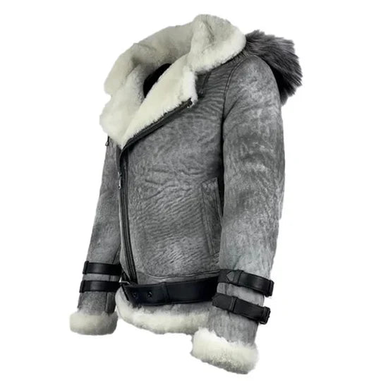Vintage Distressed Grey Aviator bomber faux shearling jacket with hoodie