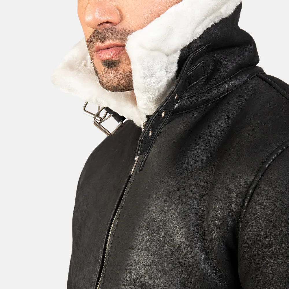 Fashionable men's jacket in White and Black Leather Jacket, designed white shearling collar.