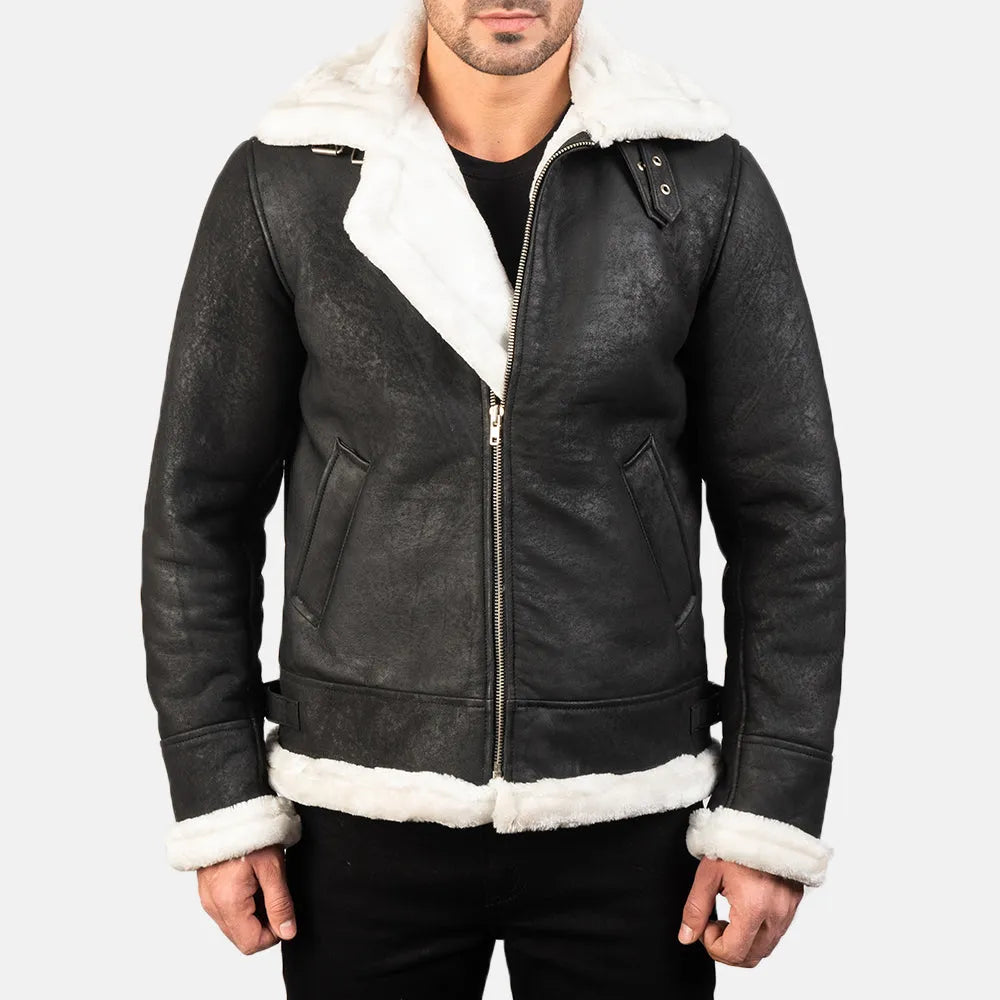 Fashionable men's jacket in White and Black Leather Jacket, designed white shearling collar.