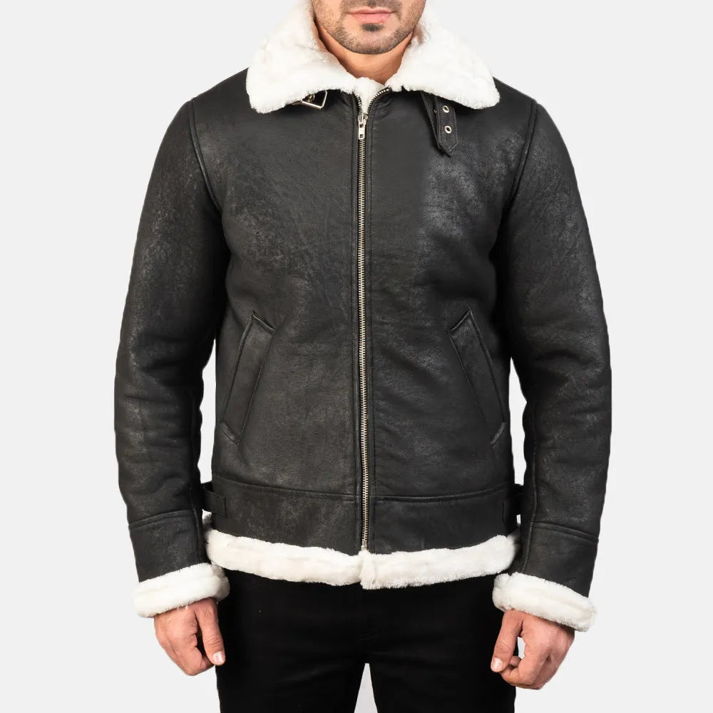 Fashionable men's jacket in White and Black Leather Jacket, designed white shearling collar.