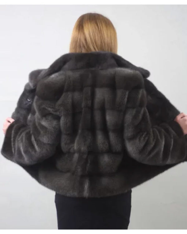 Womens Notched Collar Gray Mink Fur Winter Jacket
