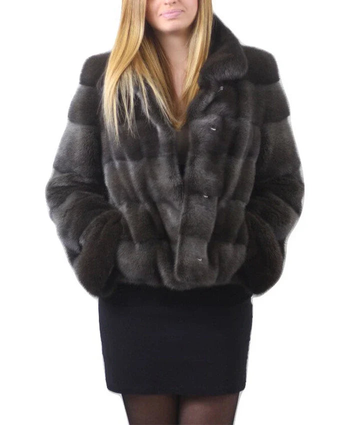 Womens Notched Collar Gray Mink Fur Winter Jacket