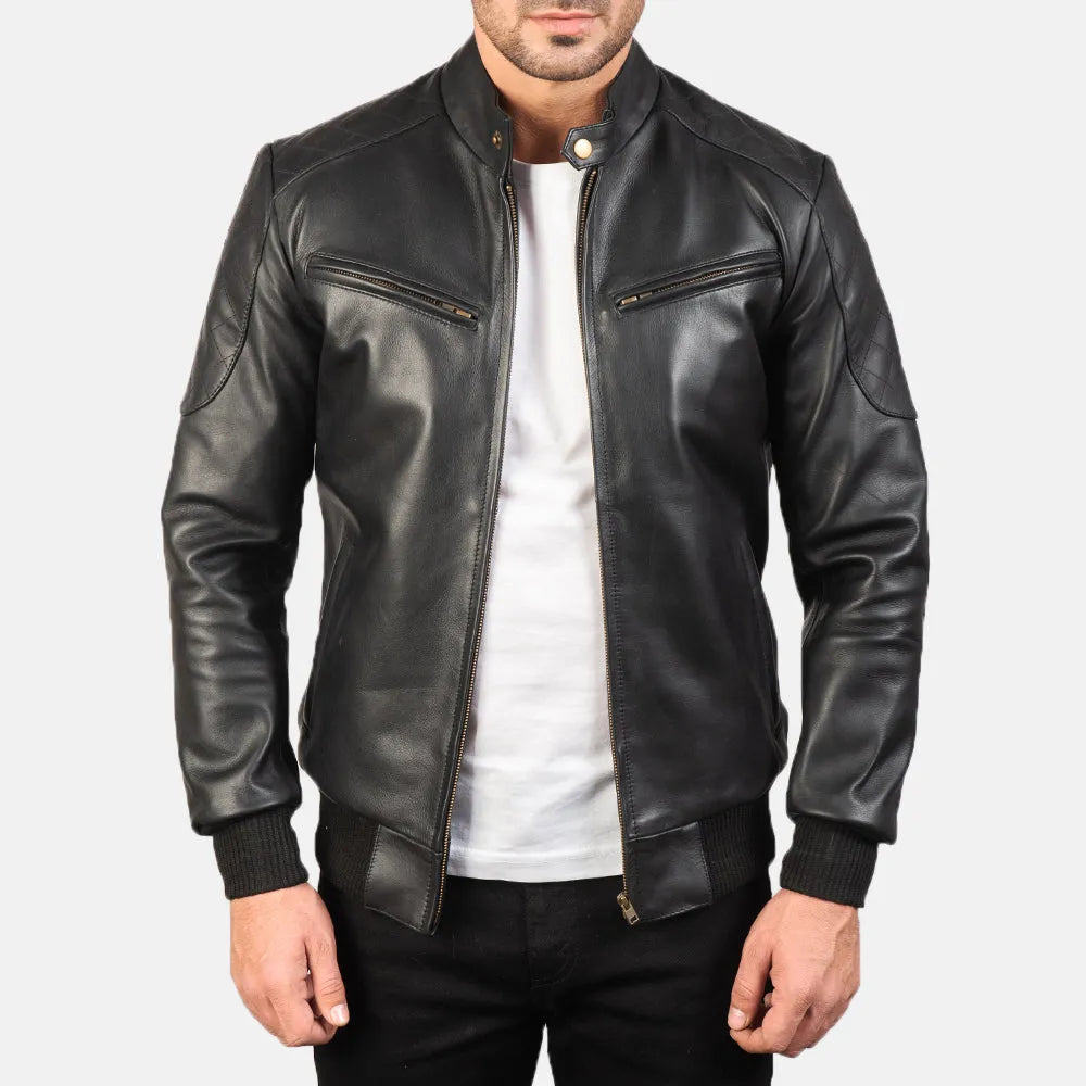 Stylish black leather bomber jacket crafted from genuine leather, ideal for a trendy and fashionable outfit.