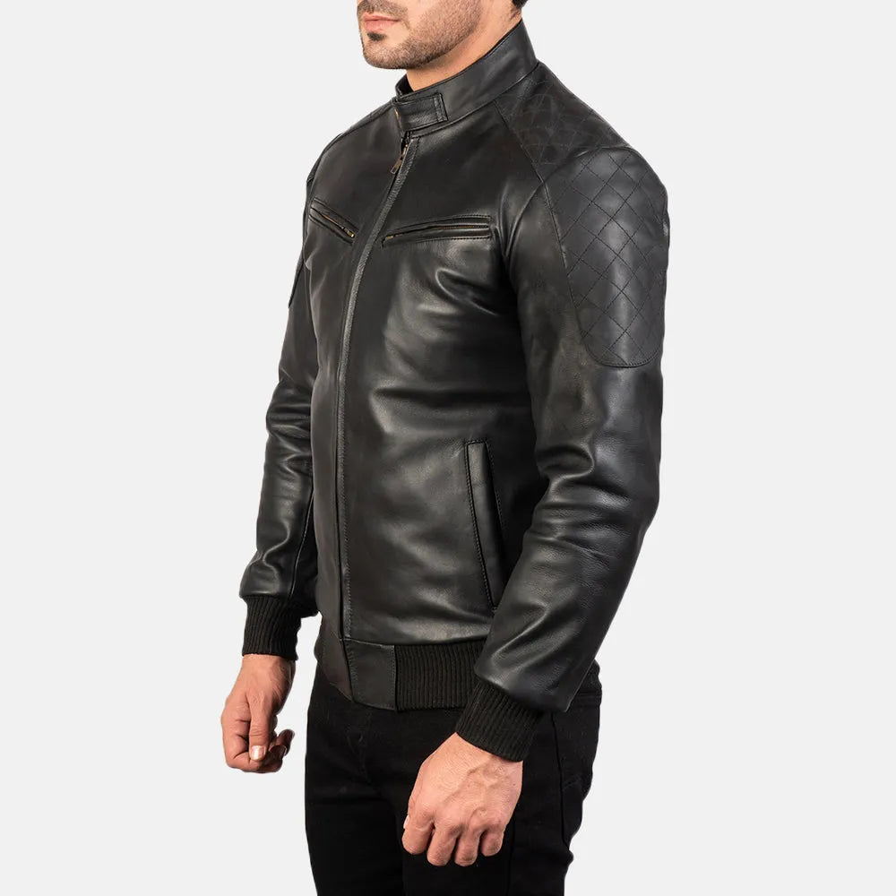 Stylish black leather bomber jacket crafted from genuine leather, ideal for a trendy and fashionable outfit.