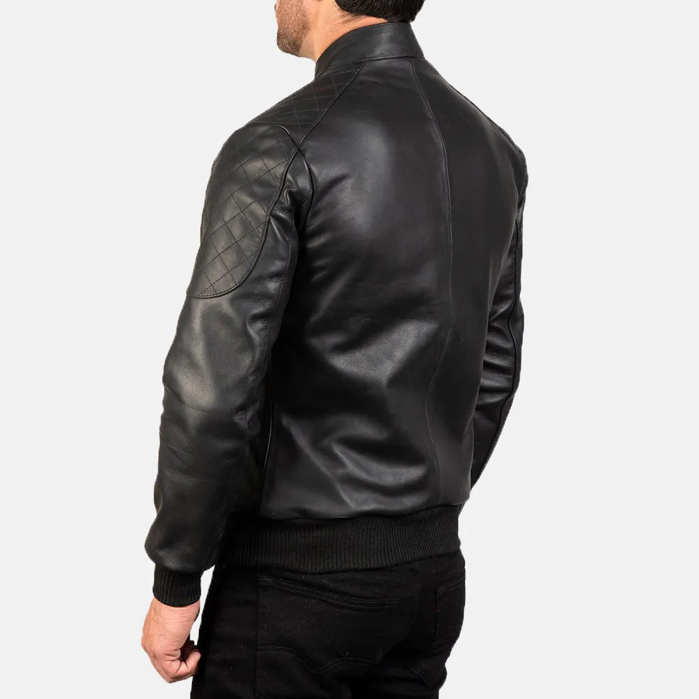 Stylish black leather bomber jacket crafted from genuine leather, ideal for a trendy and fashionable outfit.