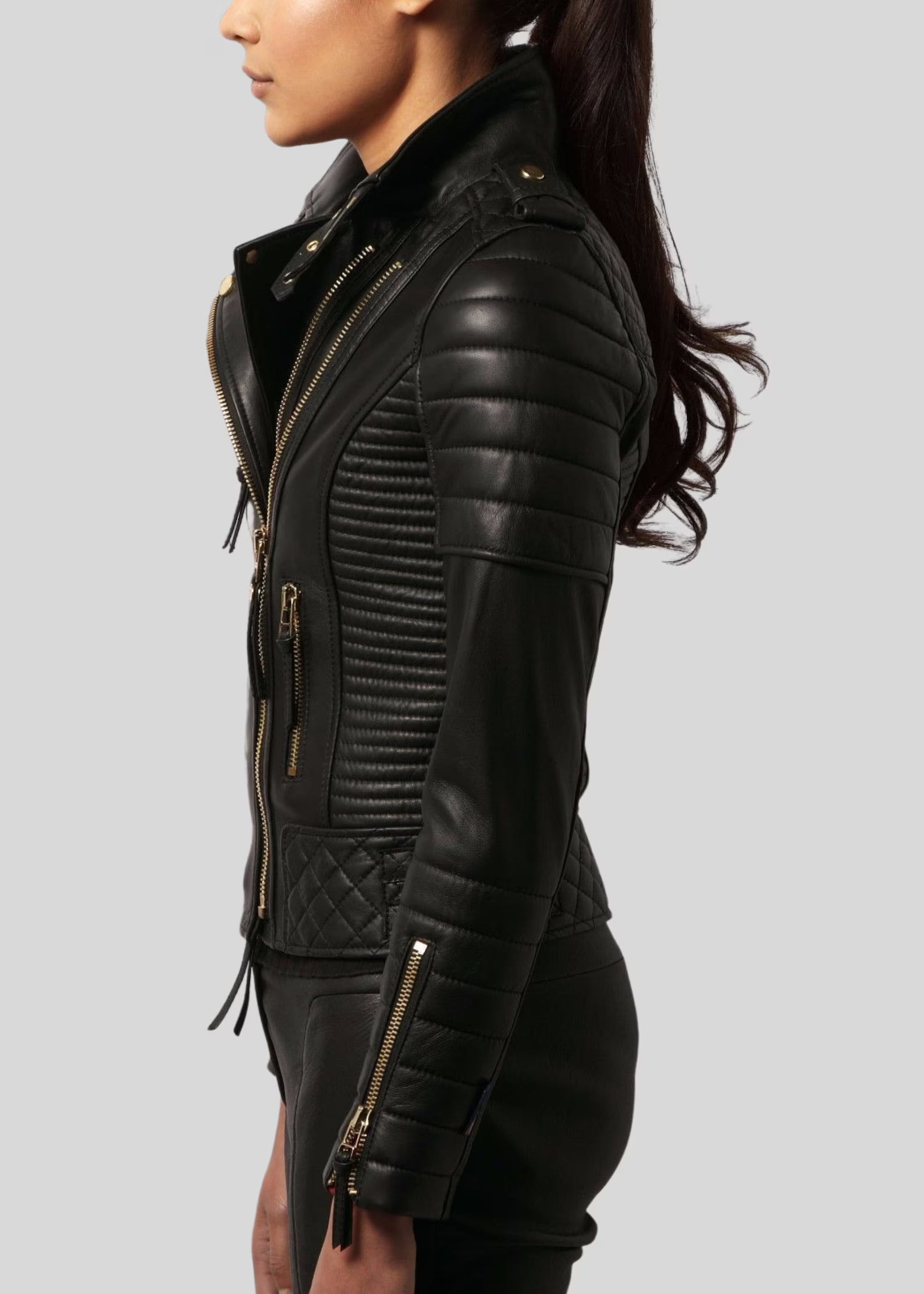 Women's Black Quilted Slim Fit Leather Jacket