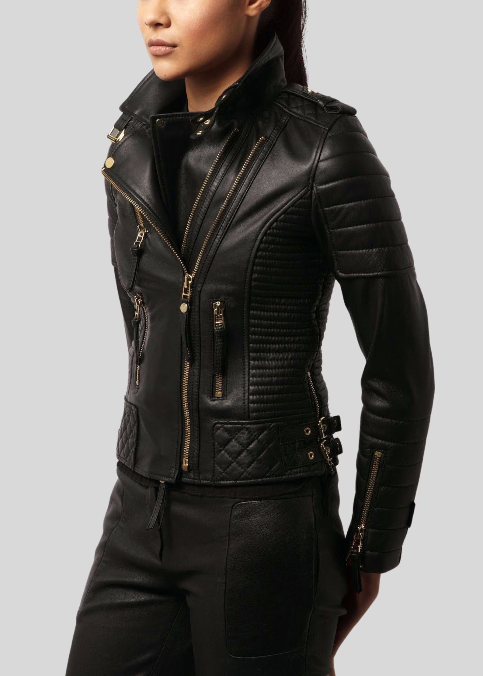 Women's Black Quilted Slim Fit Leather Jacket