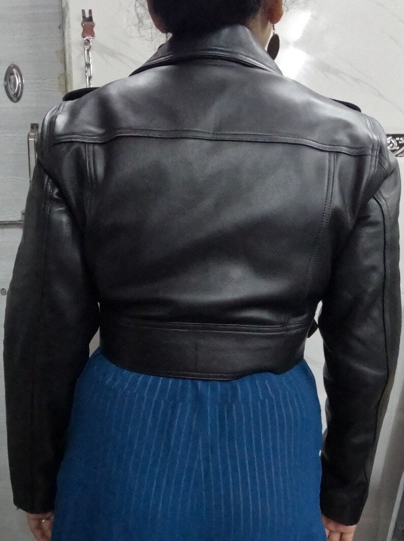 Womens Crop Leather Jacket BLACK CROPPED Motorcycle Bolero Shrug Leather Jacket