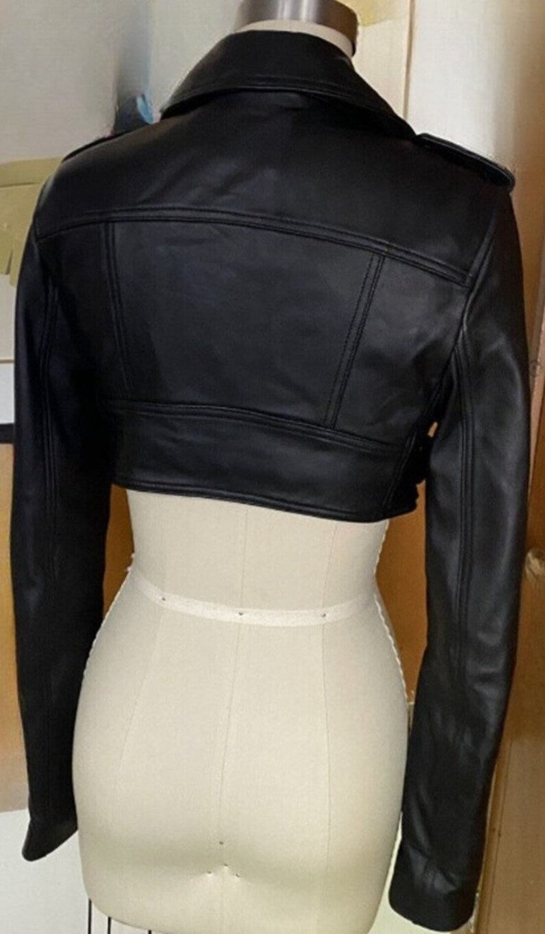 Womens Crop Leather Jacket BLACK CROPPED Motorcycle Bolero Shrug Leather Jacket