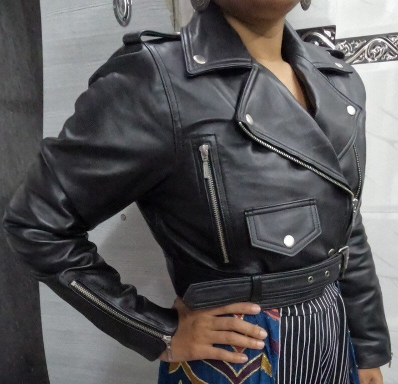 Womens Crop Leather Jacket BLACK CROPPED Motorcycle Bolero Shrug Leather Jacket
