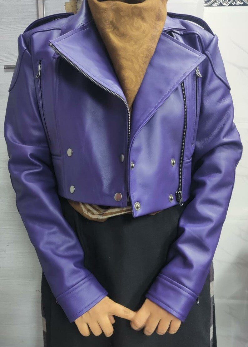 Womens Leather Jacket PURPLE CROPPED Motorcycle Bolero Shrug Leather Jacket