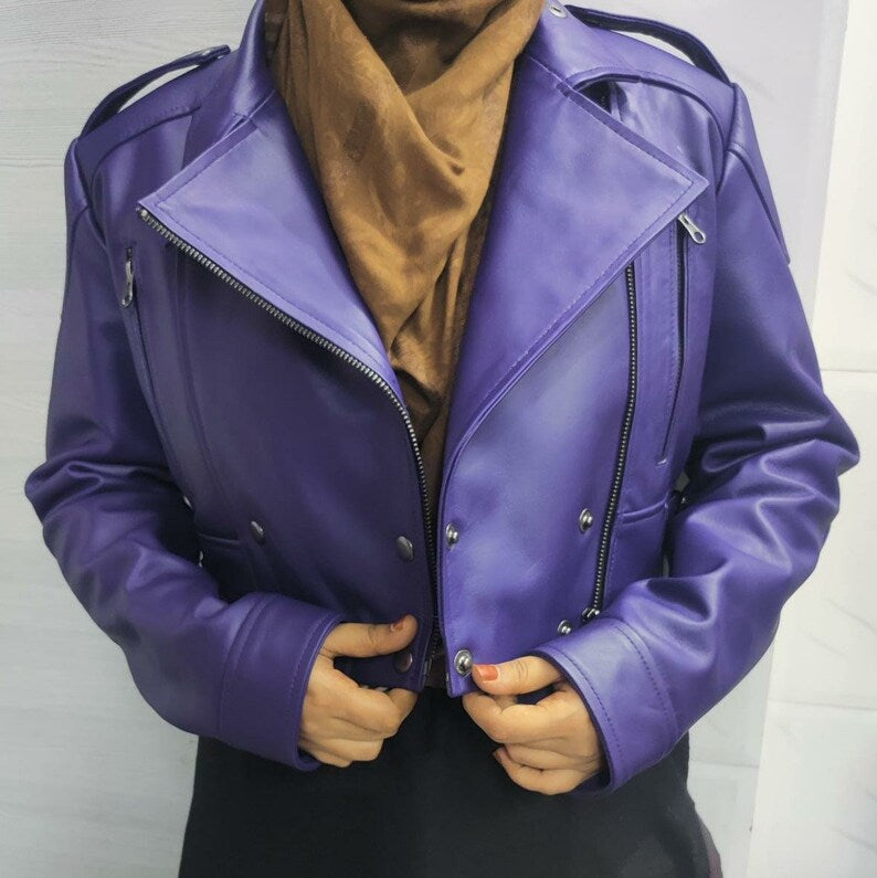 Womens Leather Jacket PURPLE CROPPED Motorcycle Bolero Shrug Leather Jacket